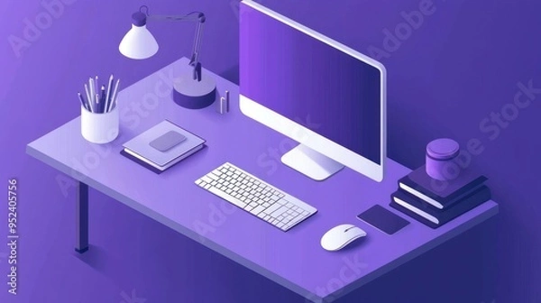 Fototapeta Rendering 3 in the office, there is a computer, a desk and various equipment for work. Computer Desk Backgrounds  of a sleek, modern laptop computer on a minimalist table, representing the digital age