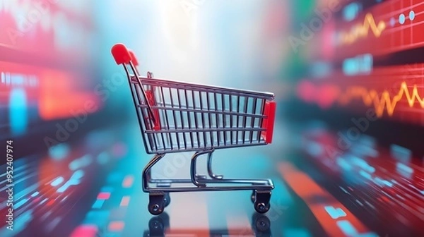 Fototapeta Shopping Cart on a Blurred Stock Market Background
