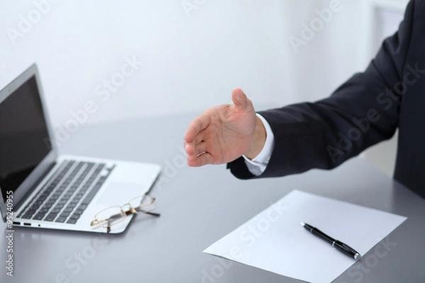 Fototapeta Close-up of  businessman at the table giving a hand