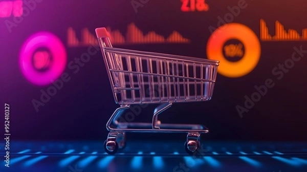 Obraz Shopping Cart on Blue Background with Neon Lights