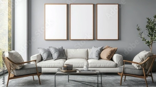 Fototapeta Modern Living Room with White Sofa and Three Framed Canvas Prints