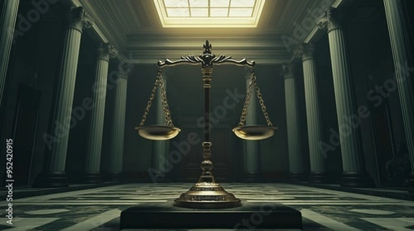 Fototapeta The floating golden scales of justice on the judge's table, courtroom background, law and justice concept, close-up view. 