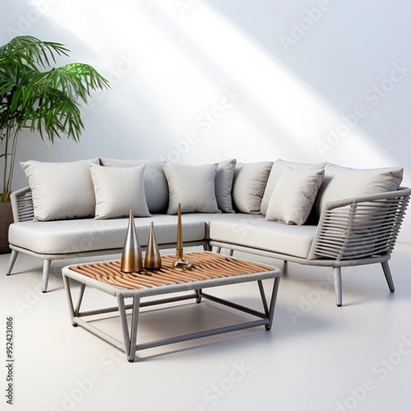 Fototapeta generated illustration of  modern wicker patio furniture with a sleek design and comfortable cushions against white background