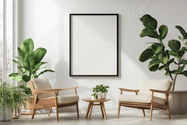 Obraz Cozy interior with two chairs, plants, and a blank frame for artwork.