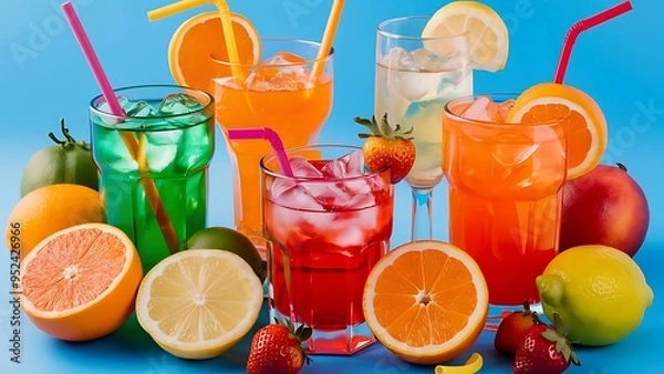 Fototapeta Summer drinks in glasses with cubes of ice and straws, and slices of fruits on blue background
