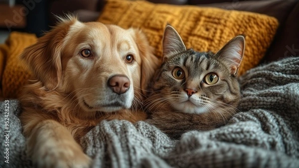 Fototapeta ソファーでくつろぐ猫と犬