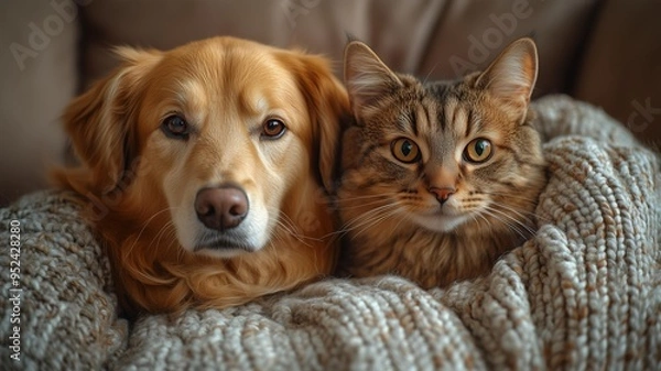 Fototapeta ソファーでくつろぐ猫と犬