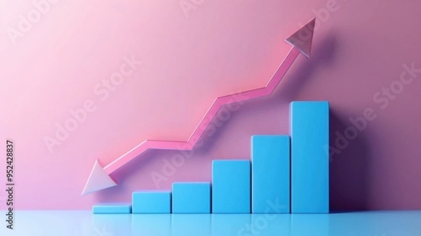 Fototapeta A 3D graph depicting upward growth with blue bars and a pink arrow.
