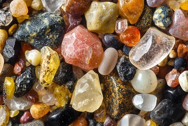 Fototapeta Closeup of colorful sand grains with various textures and sizes.