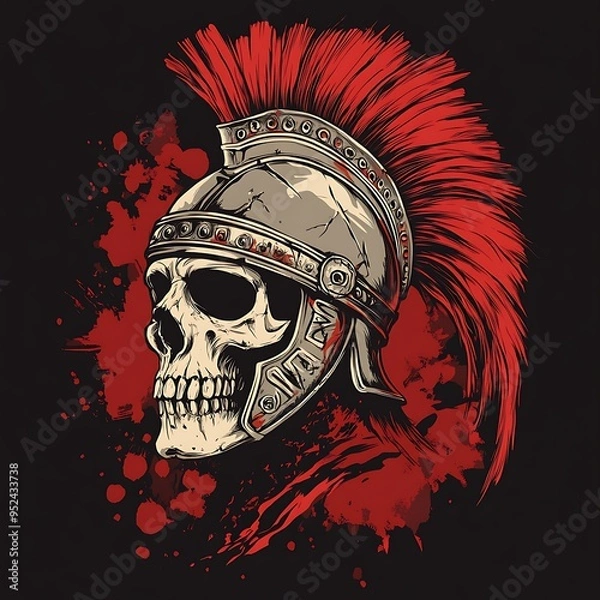 Obraz A Skull Wearing a Roman Helmet with a Red Plume