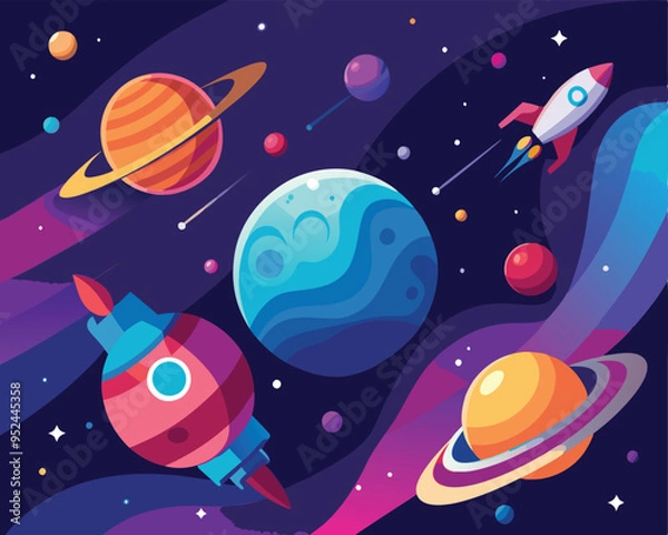 Fototapeta Vector Illustration of a Space Scene with Planets and Stars