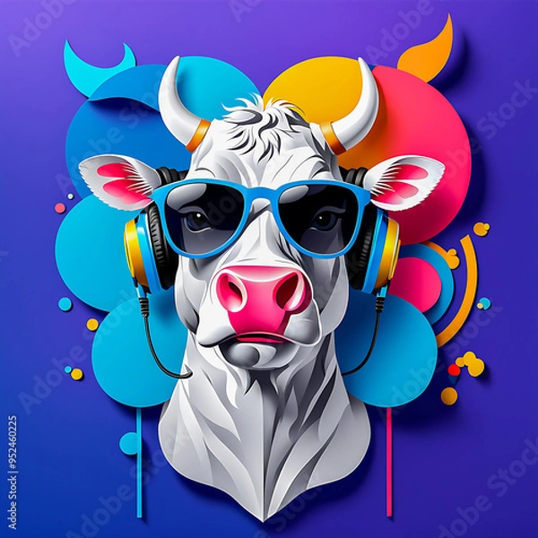 Fototapeta Cow with headphones and sunglasses illustration on the abstract background.