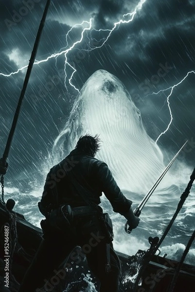 Fototapeta A dramatic depiction of Captain Ahab facing the mighty Moby Dick amidst a violent storm, symbolizing man's obsessive struggle against nature in the classic literary tale.