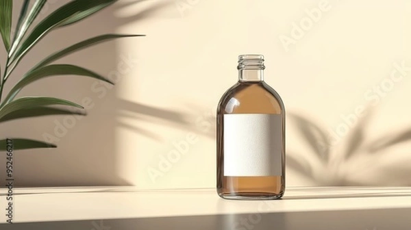 Obraz Elegant Glass Bottle Mockup with Blank Label in 3D Space with Soft Lighting and Reflections