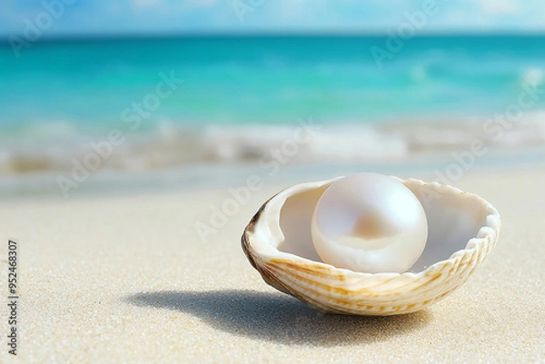 Fototapeta pearl on shell in a beach generated by AI