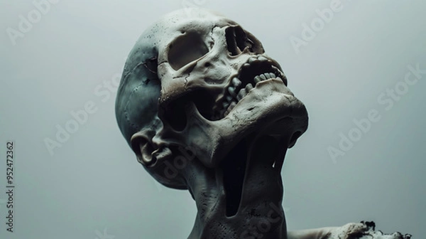 Fototapeta A weathered human skull, with visible fractures and worn textures, gazes upwards against a muted gray background, highlighting the texture and significance of the skull itself.