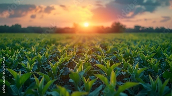 Fototapeta Green field of young plants with a bright sunset in the background.