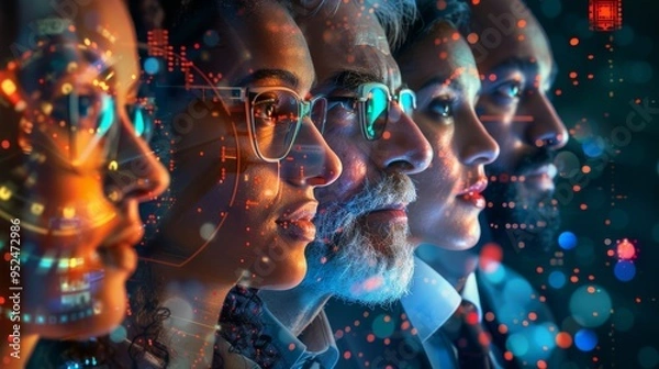 Obraz Professionals in a futuristic setting demonstrate data visualization techniques and methods