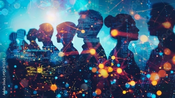 Obraz Silhouettes of Individuals Against a Modern Digital Background that Captures the Essence
