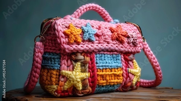 Fototapeta Pink and colorful knitted bag with starfish pattern on wooden table.