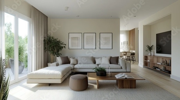 Fototapeta Bright modern living room with cozy neutral tones, soft textures, and stylish decor, offering a serene and inviting atmosphere