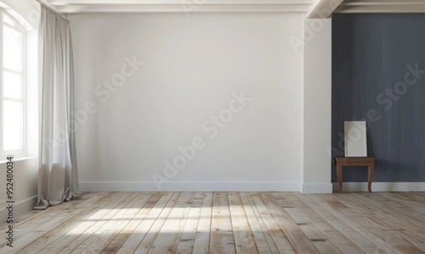 Fototapeta Empty scene, wooden floor, there is a solid color carpet on the floor, pure white background wall, there is a painting on the wall, minimalist space, just the right contrast color, real light and shad