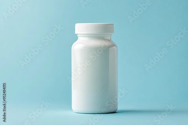 Fototapeta A white pill bottle isolated on a blue background. It can be used for product mockups or to illustrate a medical theme.
