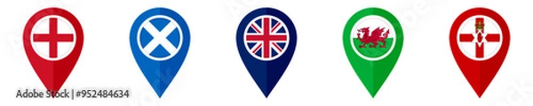 Fototapeta map pin icon of england, scotland, union jack, wales and northern ireland flags. vector illustration isolated on white background