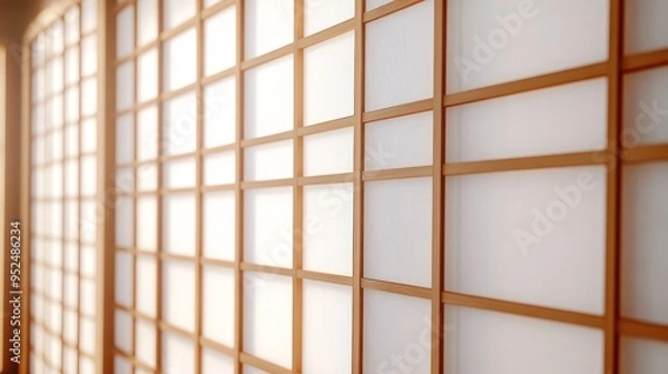 Fototapeta A traditional Japanese shoji screen with delicate, wooden latticework and translucent paper panels. The design is simple and elegant, with a soft, natural light filtering through the paper. The