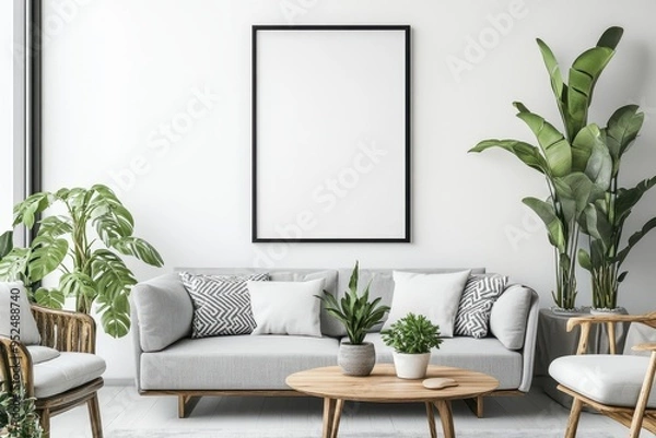 Fototapeta Modern living room with plants, sofa, and coffee table, designed for comfort and aesthetics.
