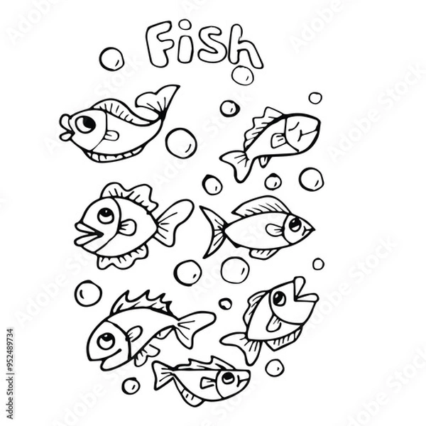 Fototapeta Cute fish doodle set. Vector collection of cartoon outline sea abodes.  Doodle black and white illustration for kids.