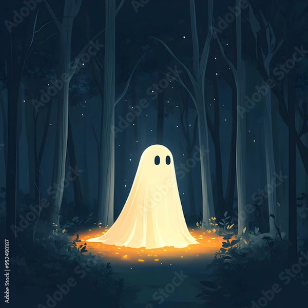 Fototapeta Flat Glowing Abstract Ghost Haunting concept as A dynamic glowing abstract digital art of a ghost haunting a dark forest. The scene features eerie floating light trails and shadowy trees ideal for Hal