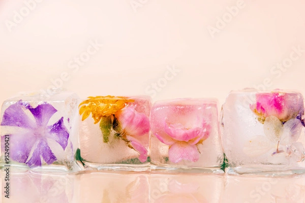 Fototapeta A closeup shot of four ice cubes, each containing a different flower