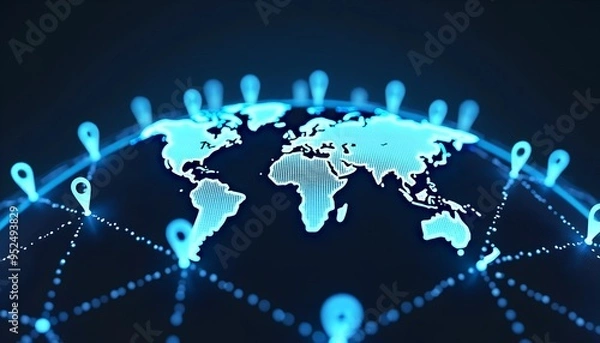 Fototapeta Futuristic Digital Global Network - Glowing Location Pins Connected by Blue Energy Lines on 3D Planet
