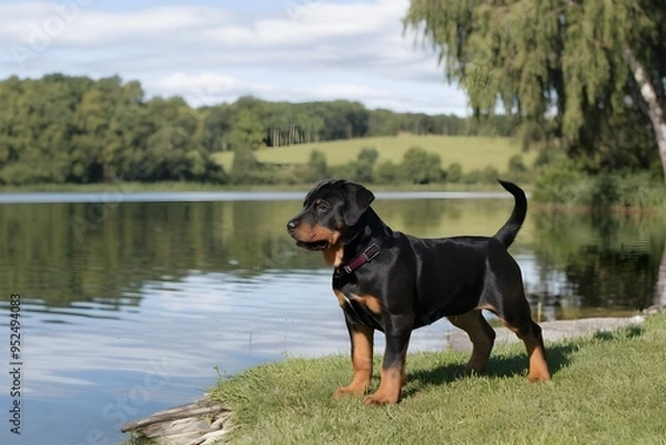 Fototapeta Standing by a lake, a Rottweiler puppy contrasts with the calm water