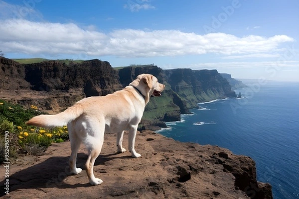 Obraz Labrador Retriever standing on a cliff, gazing over a panoramic ocean view