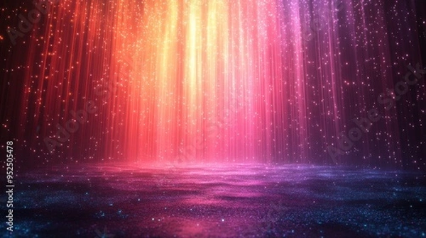 Fototapeta Abstract 3D render with colorful neon lines and star rain wallpaper for virtual reality on an empty stage with laser rays.