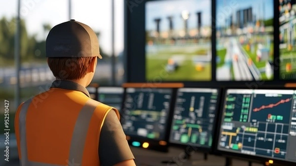 Fototapeta Operator monitoring multiple screens in a control room while overseeing construction activity during daytime operations