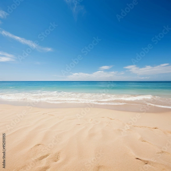 Obraz Serene Beachscape:  A tranquil beach scene with pristine white sand and crystal-clear azure water stretching towards a bright blue sky, evoking a sense of peace and serenity. 