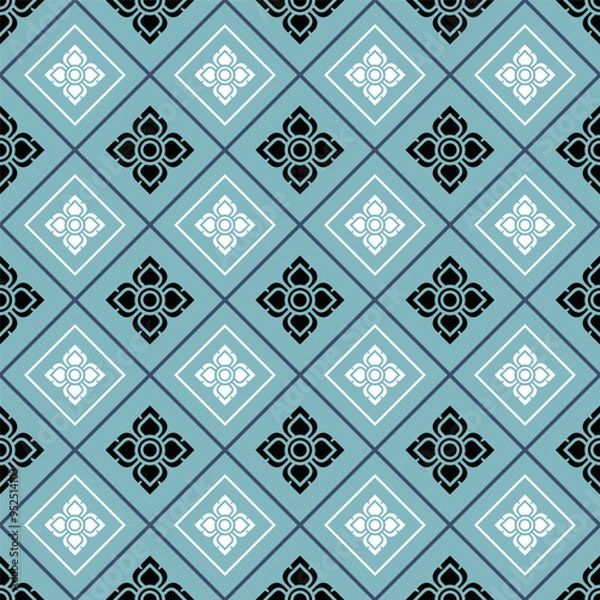 Fototapeta Elegant Thai-inspired pattern in turquoise and black. Seamless design floral motif. Perfect for fabric, wallpaper, or digital backgrounds. Traditional Asian elements  pattern. Versatile pattern.