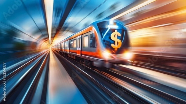 Fototapeta A high-speed train with a dollar sign on it, illustrating fast financial success and business momentum.
