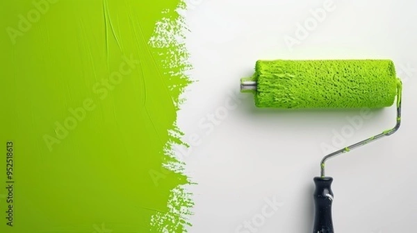 Fototapeta A roller with bright green paint painting a white wall with a lot of a blank space on the side for any texts