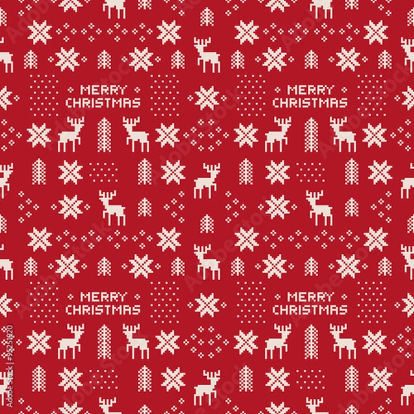 Fototapeta seamless retro red christmas pattern with deers, trees and snowflakes