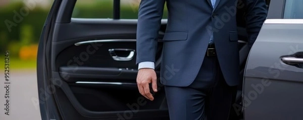 Obraz Chauffeur in a luxury car opening the door for a guest, sleek vehicle interior, high-end service