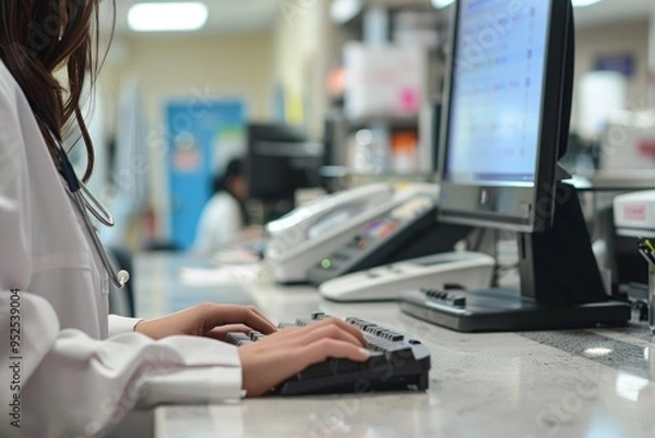 Obraz Receptionist typing on a computer at a desk with phones and a stethoscope, checking patient records
