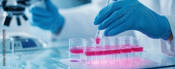 Fototapeta Scientist culturing cells in biocompatible polymers for regenerative medicine, tissue integration, biomedical innovation