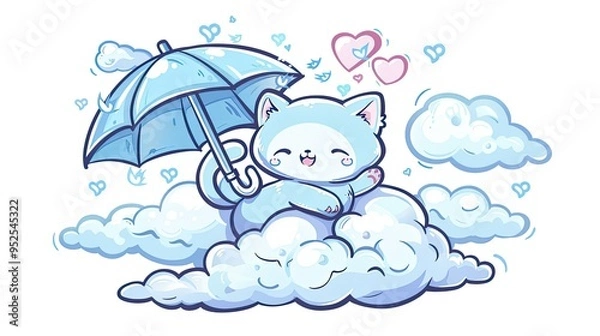 Fototapeta Vector drawing of a cute cat flying in the sky with an umbrella