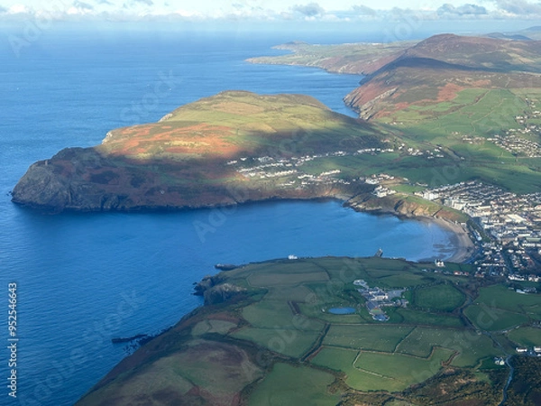 Fototapeta Aerial view of the lovely little fishing port of Port Erin on the coast of the Isle of Man