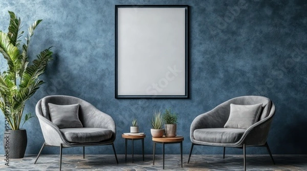 Fototapeta Two Grey Armchairs Facing Each Other in a Room with a Blank Frame on the Wall
