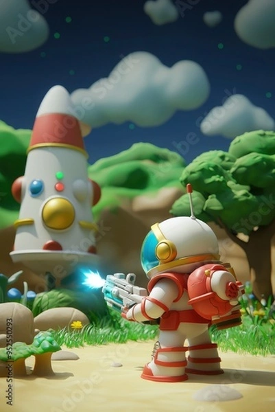 Obraz Astronaut Aiming at Spaceship in Cartoon Landscape